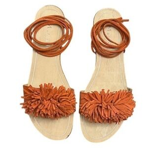 Mariella Italian Leather Ankle Tie Sandals Womens 9-9.5 Boho Fringe Flat Orange